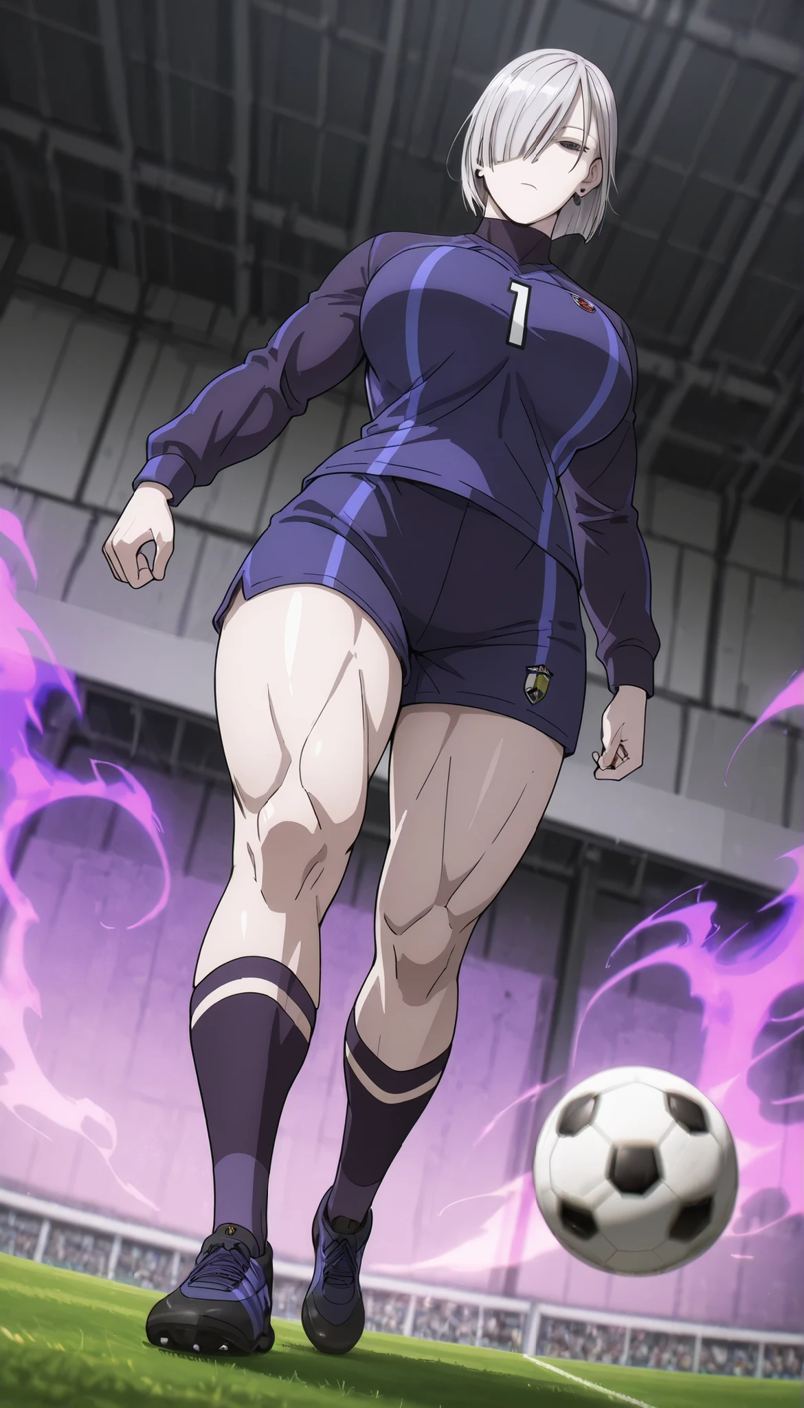fiona frost,1girl,solo,mature,short hair, hair over one eye,looking at viewer,earrings,grey hair,emotionless,standing, huge breasts, thick muscular thighs, wide curvy hips, wearing Soccer jersey, soccer shorts, soccer shoes, socks, soccer ball on ground, from below, dynamic angle, kicking ball, purple aura coming out of all over her body, her eyes is glowing blue
BREAK
Soccer Ground, detailed background, cinematic light,
