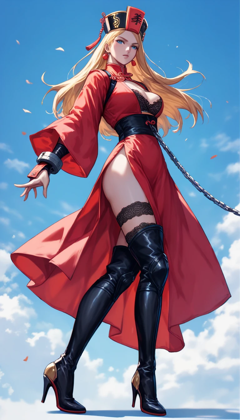 8K, Top Quality, Intricate Details, Ultra Detail, Ultra High Resolution, Masterpiece, full body, Very tall, dark skinned female elf; slender, blonde hairs and incredible long ponytail; strong makeup; brown eyes; small pointy breast; sensual midriff; wearing superhighplatform sandals, jewelery, necklace, earrings, black bikini top, short leather jacket, thongs with a lot of strings, leather skirt, long fingernails; gloves, rings, best quality, expressive eyes, perfect face, masterpiece, slim body, very long legs, detailed stomach, detailed hips, detailed legs, carefully drawn toes, carefully drawn feet, carefully drawn hands, best quality, drawn with careful, Dynamic Angle, Highly detailed, seductive eyes, NTR