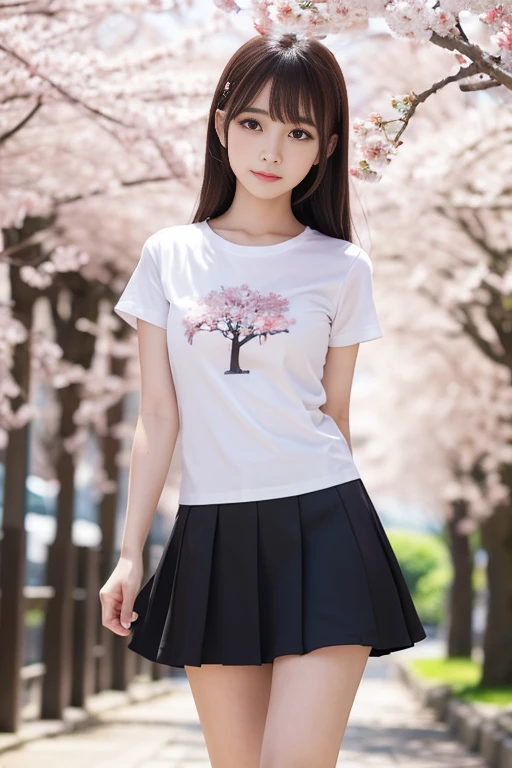 8K,masterpiece,Japanese,9 year old girl,from the front,Innocent face,calm eyes,Childish,T-shirt,short sleeve,short skirt,semi-long,noon,bright,Cherry blossom trees