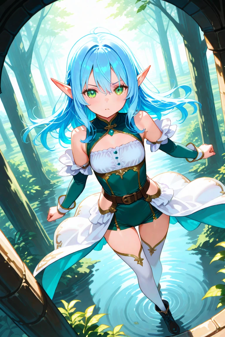 ((Highest quality)), ((masterpiece)), (detailed), (very short hair), ((nsfw)), standing,
Create an image of a female elf guardian named Elena. She has short, jade green hair and pointed ears. Her eyes are emerald green, with a sharp and piercing gaze. Her physique is slim yet strong, with notably thick thighs, and a tall stature. She wears a revealing elf warrior outfit, including a green bikini armor and a light cloth draped around her waist. The outfit features a skirt with a high slit, revealing a hidden sword. She has leather arm covers and boots, with natural material decorations on her shoulders and waist. She carries a bow and quiver of arrows on her back.
Background: Set in a dense, ancient forest with tall trees and dappled sunlight filtering through the canopy. Include elements like ancient ruins or mystical glowing plants to add depth and atmosphere.
Pose and Expression: Elena stands poised and ready for action, one hand resting on her hidden sword's hilt, partially visible through the slit in her skirt, and the other holding her bow. Her expression is cold and determined, with a sharp, unapproachable gaze. The look in her eyes should convey a sense of alertness and readiness for combat.
Additional Details: The bikini armor should have detailed leaf patterns and a natural texture, reflecting light realistically. The light cloth draped around her waist should move naturally, as if swaying with her movements. The bow and quiver should be intricately designed, with the arrows showing fletching and fine craftsmanship. The hidden sword should be partially visible through the slit in the skirt, with a detailed hilt and blade. Elena's short, jade green hair should be vibrant and dynamic, adding a unique and striking appearance to her character. Her thighs should be strong and muscular, emphasizing her warrior nature. The background should complement her fierce and unapproachable demeanor, with shadows and light creating a dramatic effect, and the setting should feel immersive and in