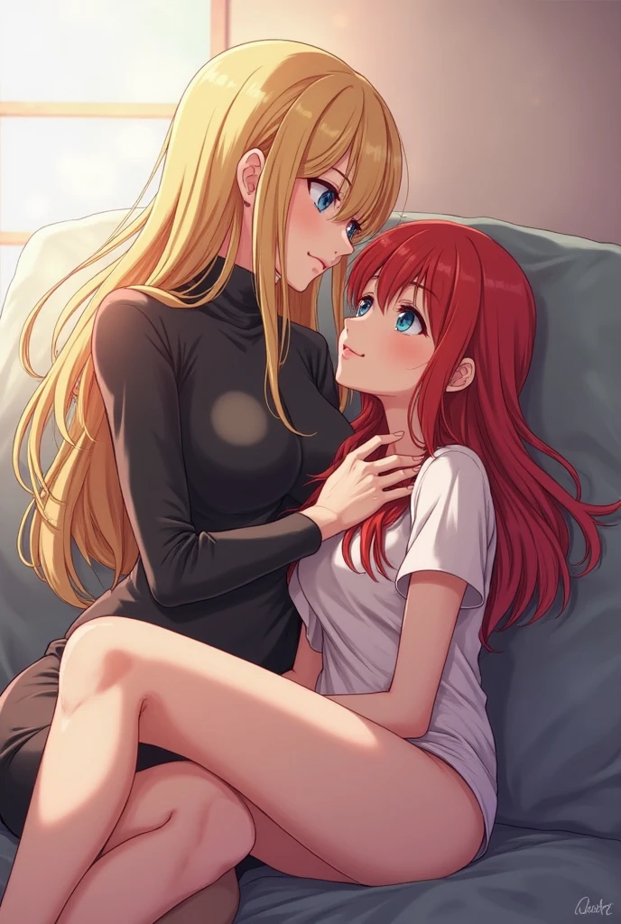masterpiece, best quality, 2girls, different hair colour, different clothes, kiss, blush, saliva, lying, from behind <lora:qqq-french_kiss-v1:1>