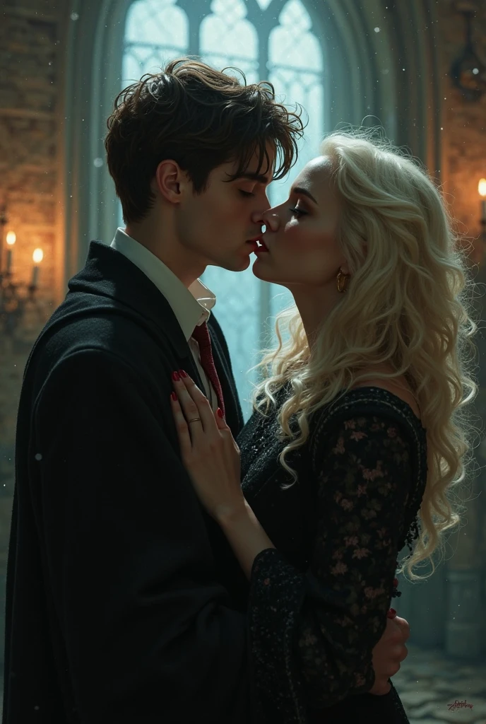 (A male vampire), (drinking blood from the neck of an attractive blonde woman), dramatic lighting, pale skin, (fangs bared), intense gaze, cinematic composition, dark moody atmosphere, deep red and blue color tones, photorealistic, highly detailed, intricate textures, dramatic shadows, cinematic lighting, the woman is in a light, elegant dress, the focus is on the interaction between the vampire and the woman. woman in skimpy modern clothes, (human woman), (vampire man)