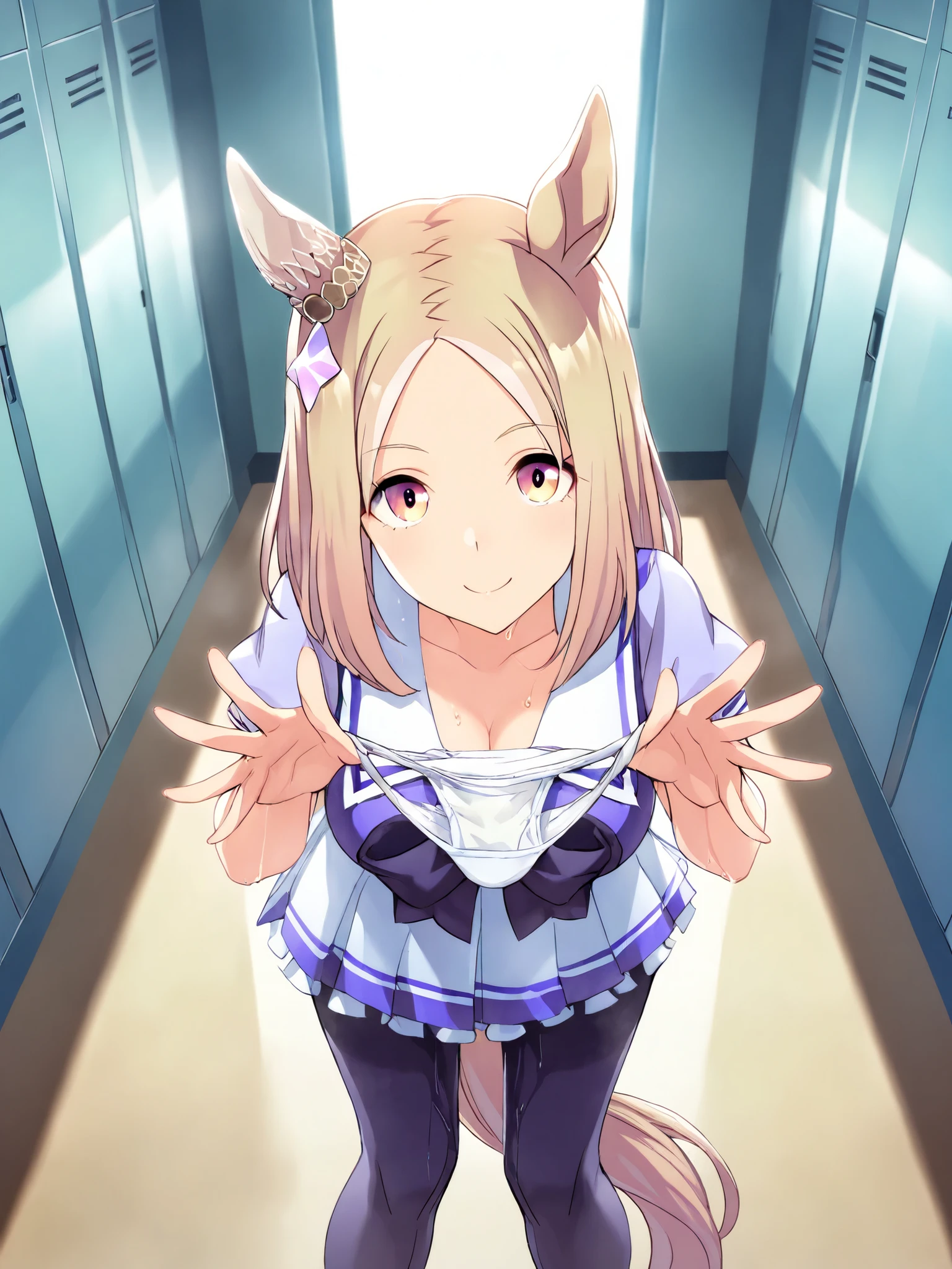 ((sleeveless at the beach,Cleavage)),NARITA TOP ROAD ( Uma Musume) NARITA TOP ROAD \( Uma Musume \), 1 girl on break day, horse ears, horse tail, stares at viewers, horse tail, smile, stares at viewers, standing, Uma Musume , 1 girl on break day, horse ears, horse tail, The viewers,訓練学校のuniform, Summer clothes, uniform , Puffy Short Sleeve, purple ribbon, horseshoe decoration , sailor collar, sailor shirts, Purple Shirt, white skirt, pleated skirt, flare skirt, miniskirt, Absolute Area, white knee-high,1 girl on break day, stares at viewers, smile, stares at viewers, standing, 1 girl on break day, stares at viewers, look up, masterpiece, Highest Quality, Super DetailCG統一8K壁紙, Light Effects, masterpieces, Highest Quality, absurd, detailed skin, Official Art,masterpiece, Highest Quality, Ultra HD Quality Details, anime style, nsfw, indoor, locker room, cowboy shooting, ((1 girl on break day)), smile, stares at viewers, ( is wearing white panties)), is confused, faint smile, Hand holding underwear , (( is wearing white panties)), ((((standing and presenting the removed panties with both hands))), (((Stand on your knees with both hands and show off your wet pants))),beautiful hands, beautiful fingers, steam, cigarette, ((masterpiece)), (Highest Quality ), (is ridiculous), (Super Detail), (very aesthetic)