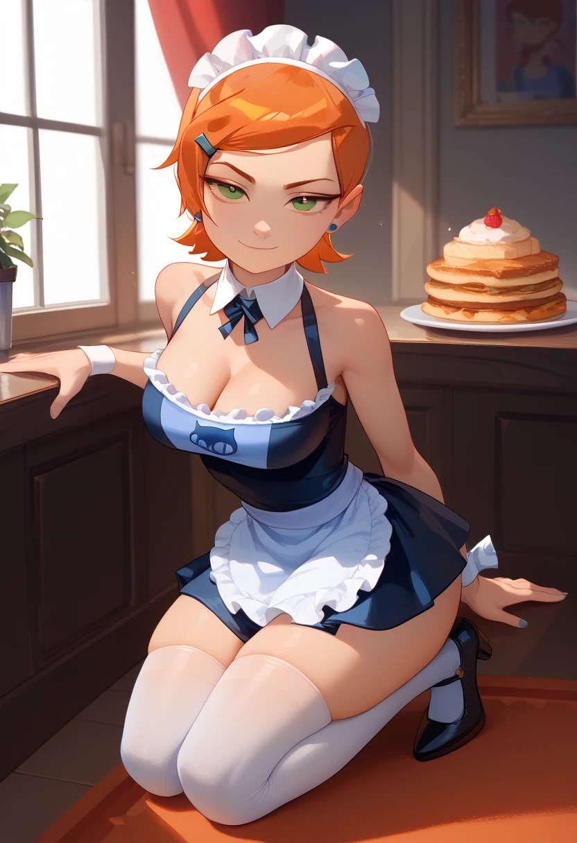 Gwendolyn_Tennyson, 1girl,solo,maid, side smile, collarbone ,maid headdress,looking at viewer,apron,indoors,depth of field, sitting on table, legs, stockings, big
wink, one eye closed, playful smile, tongue out,, masterpiece, best quality, absurdres, highres, 4k, ray tracing, intricate details, highly detailed, (1girl:perfect face, cute, small breasts, long ginger hair, petite) Highqlb:perfect mouth, makeup screenshot, perfect jaw, good fortune hinge, dynamic pose,looking back, nsfw, ass, ass focus, looking at viewer, sexy slutty panties, thighhighs, blush, cameltoe, upskirt, sexy tongue panties, Wear sexy lingerie, slutty lingerie (((Luxury underwear))), blushing, smiling, camel toe,inside in room,Masturbation,And the shape of the female genital organs is clearly visible,There are deep lip prints on the panties,put your hands on your ass, The body is wet,Sweat,orgasmc,Desire for dissatisfaction,Bend over,Back view, Get on all fours and pose with your legs spread, Your butt is facing you,Looking back behind, showing her ass, laying on bed, looking at the audience, seductive expression, blushing, all on fours, perfect and beautiful face, perfect and cute face, (Subjective point of view, view from above), (sexy dark underwear), bubble but, thigh highs.