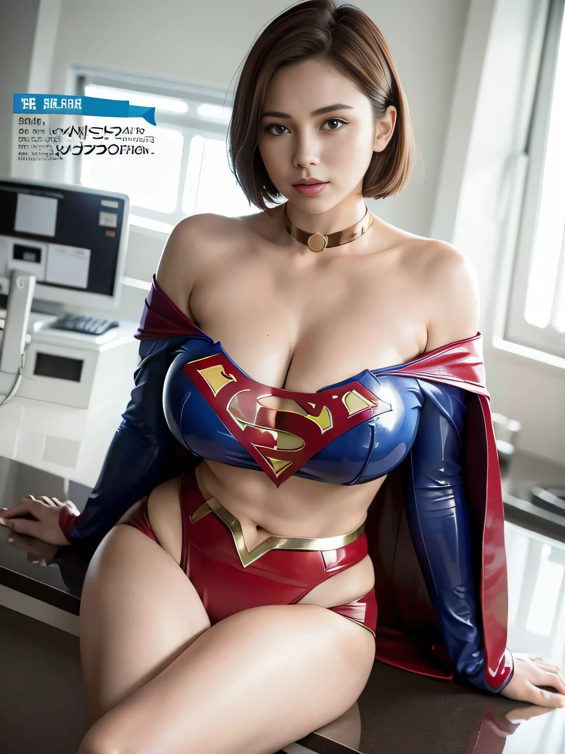 masterpiece、Rubber Supergirl Costume、short hair、Rubber Long Boots、Big and ample breasts、shiny sweaty skin、looking at the camera、choker、Long sleeve、Sexy poses to seduce、Off the shoulder、latex、From the front、athlete、Racing Bloomers、Red Cape、Muscle training、Beautiful breasts、Photo magazine cover、operating room、wallpaper for pc、