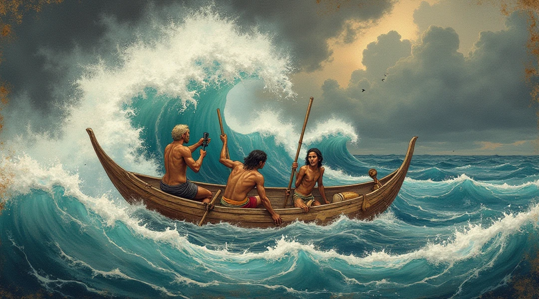 1 God fisherman with blonde curly hair and small muscles ,1 god fisherman with long black and red hair with huge muscles ,1 god fisherman with brown short curly hair small muscles ,catching hug fish