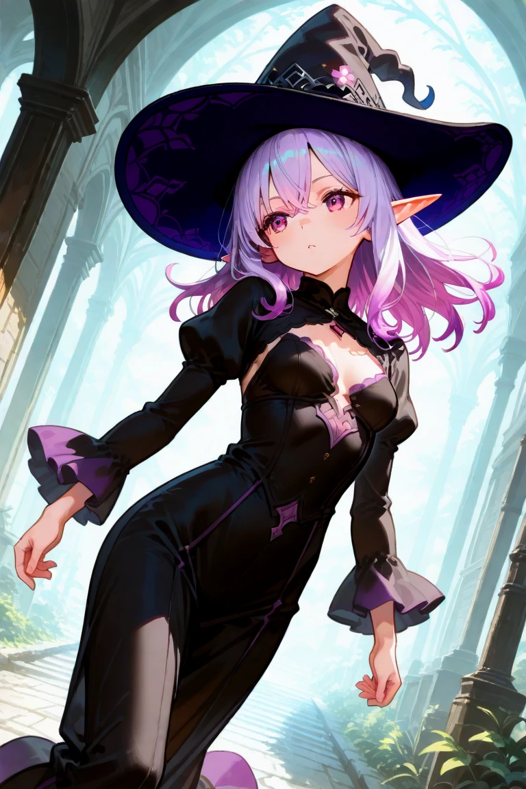 <lora:arfoireNeptunia-06:0.9>, (extremely detailed:1.1),(highly detailed:1.1),(best quality:1.1),(masterpiece:1.1), 1girl, solo, Arfoire, short hair, Purple Hair, red eyes, cleavage, medium breasts, colored skin, purple lips, pointy ears, nail polish, black nails, bare shoulders, jewelry, earrings, detached sleeves, belt, high heels, witch, witch hat, rose, makeup, high heels, feathers, full body, outdoors, dynamic poses