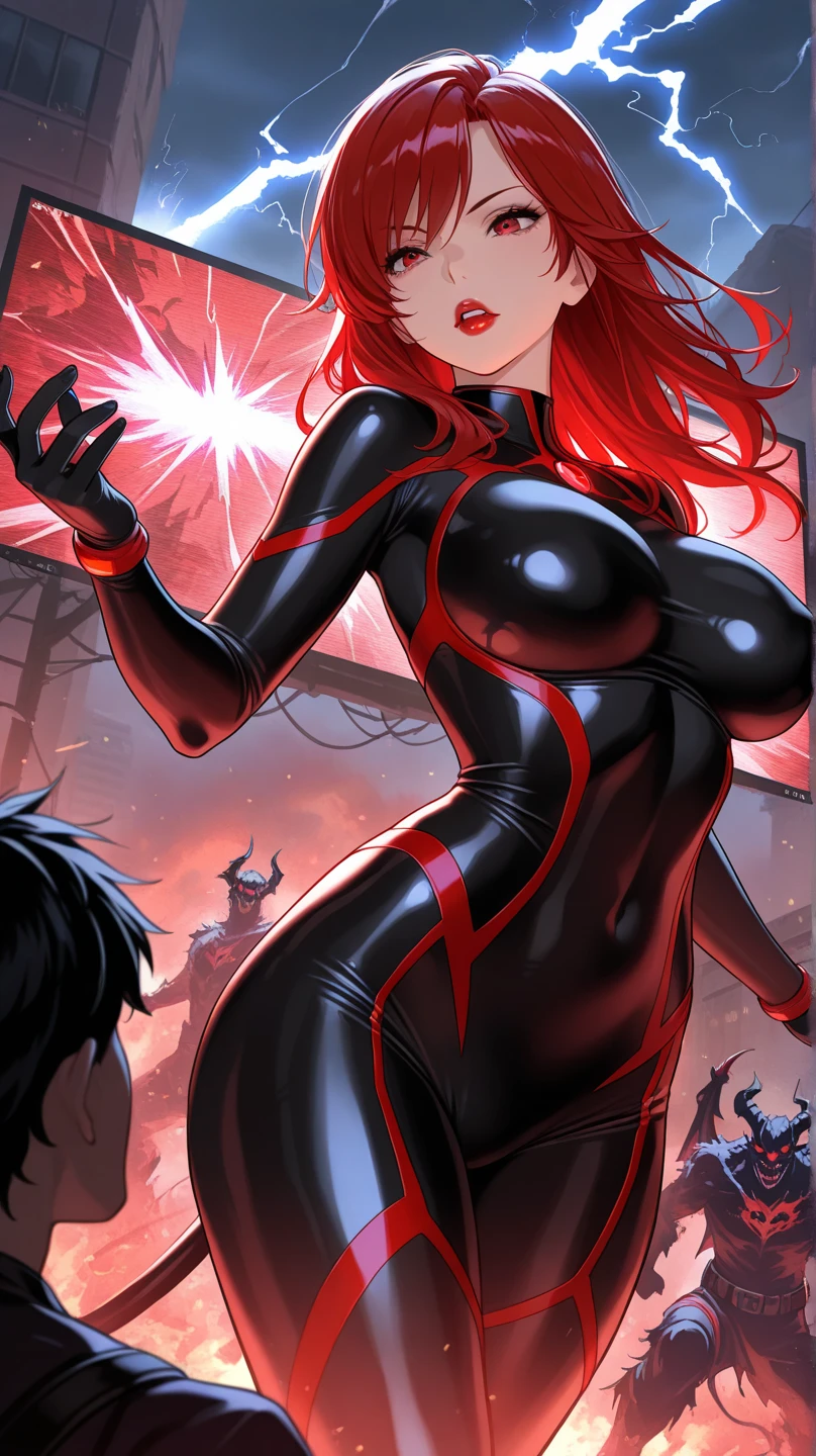 1 young beautiful woman,(Highest quality,Extremely detailed depiction,Incredibly absurd high resolution,Anatomically accurate depiction,Curvy Legs),(Shiny skin,Porcelain-like skin),(Female vampire:1.5,Shiny latex:1.3),eyelash,Sweat,(Red Eyes,Vertically drawn pupils,Crazy Eyes,Large Breasts,A seductive smile,Glossy Red Lips,Flashy makeup,Shadowed face,Sensual pose,Half-closed eyes:1.3),whole body,Pointy Ears,
