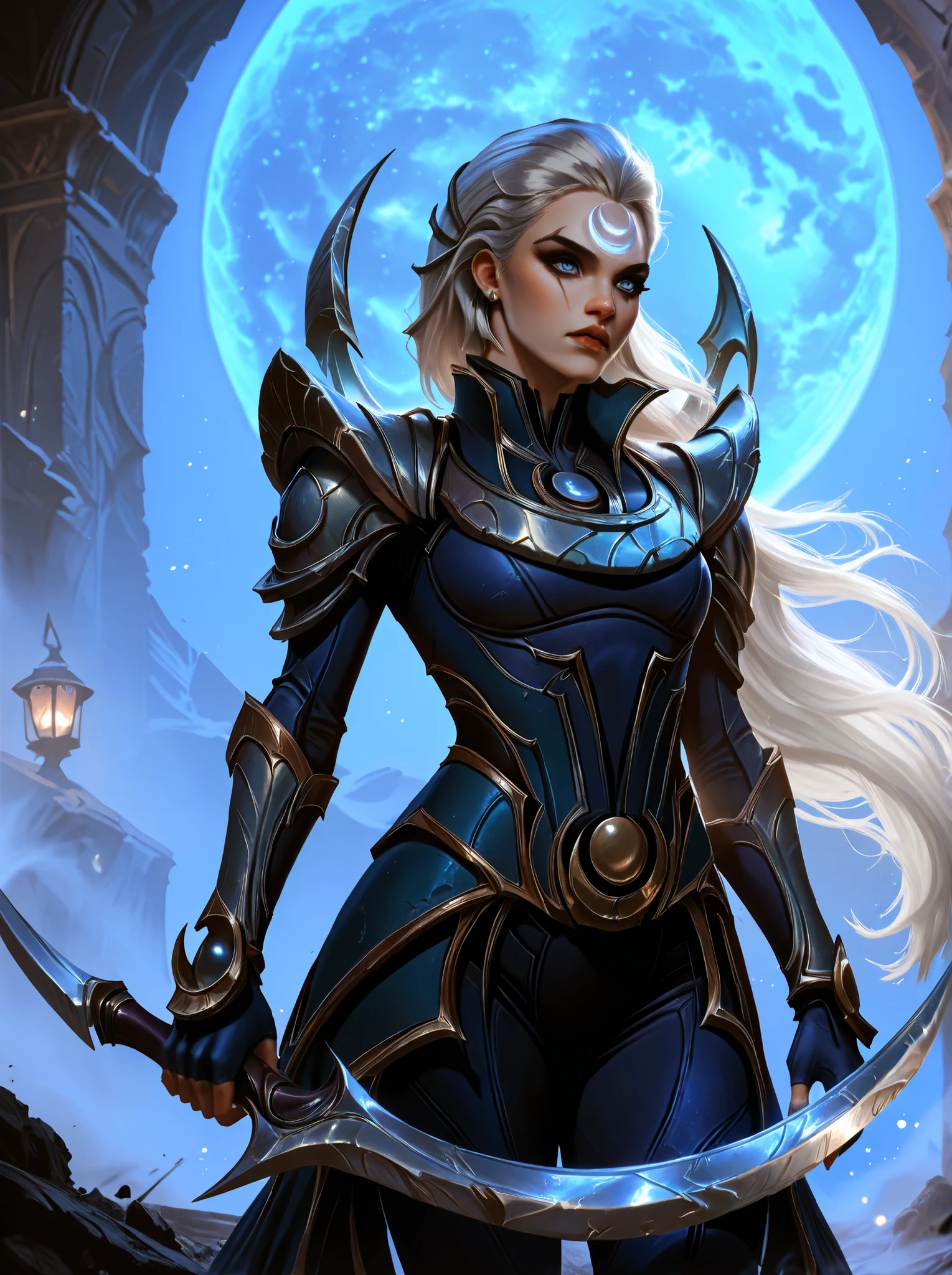 Diana from League of Legends, standing in a moonlit battlefield, long silver hair flowing, piercing pale blue eyes, wearing dark armor with silver crescent moon motifs, holding her (large), (curved crescent) blade, dramatic backlighting from a full moon, subtle blue mist around her feet, highly detailed digital painting, cinematic lighting. upper body illustration.