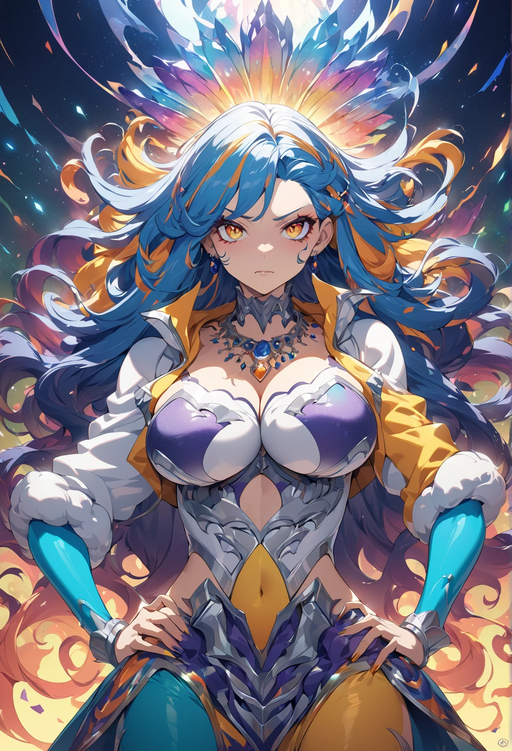 (anime art, anime styling, studio anime, very detailled, updated, Vibrant, anime coloring, hight contrast, work of art:1.2, best qualityer, better aesthetics), (1 girl), Color Connections, colors, esquema de cores Vibrants, colorsda, mancha colorsda, NSFW, (portraite, cowboy shot), sensuous, in the deep forest, Dance, (Big Breasts 1.2), crooked, (Bewitching woman), (smile and laugh:1.2), fantasy starry sky fairy, fantasy starry sky fairy,Falling petals, shining stars,