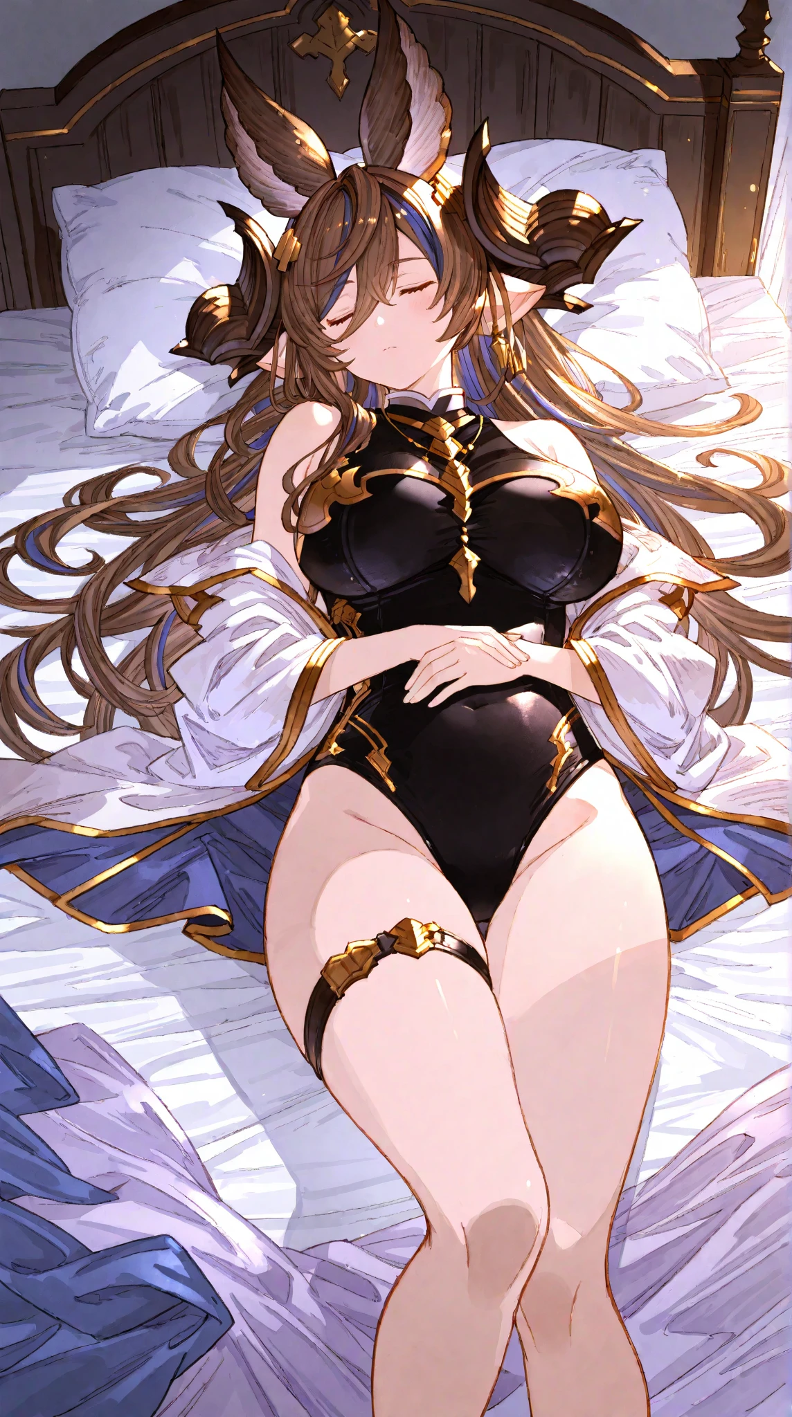 ((The Highest Quality、8K、))女性1人、Anime girl with blonde hair and red eyes、anime girl named lucy、Portrait of a female anime hero、female anime character、portrait knights of zodiac girl、Altria・Pendragon、Hajime Yatate、Symphogear、Giorno Giovanna、Cornelia from Code Geass、War Maiden Suvia、small breasts Luxurious dresses(drenched body:1.6)、Eyes of Detail、Erotic、bed room、illuminated、are showing through、(Breastfeeding:1.3)、 (White underwear only:1.6)、Stripes in the crotch area、Visible through lingerie、cum on、masturbation、legs visible、Seduction、(Sole Focus:1.6)、(M-shaped spread legs:1.8)、despise、kneehighs、total body、(laying on back:1.3)、View from the ceiling