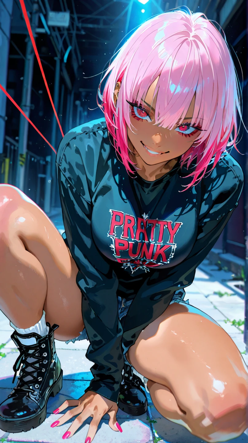 high quality, 4K, perfect hands and feet, 1girl, solo, medium long hair, disheveled bangs, hair over one eye, Alley, squatting, usu with elbows on knees, smoking in mouth, Lazy expression, V-neck T-shirts, visible bra strap, super mini skirt, visible light pink panties, small breasts, black tighhighs, white lace-up boots, ((looking out)), (dark skin), Droopy eyes, Thick eyebrows, clavicle, Plump thighs, 