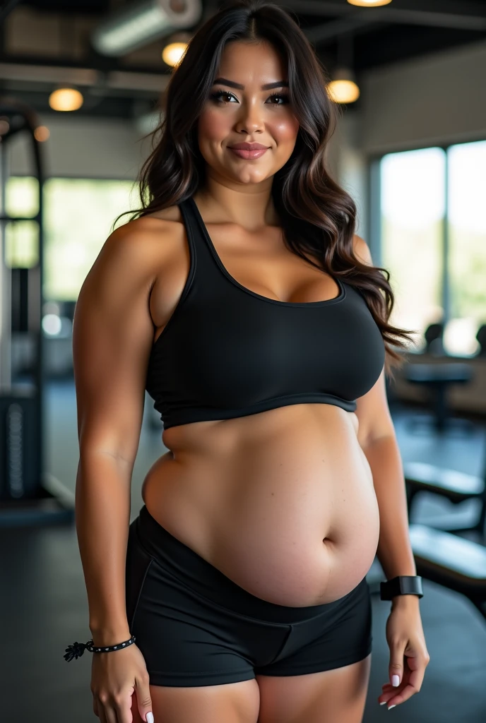 a beautiful woman, fair skin, long dark hair, pregnant, huge belly, blue eyes, gym clothes, at gym