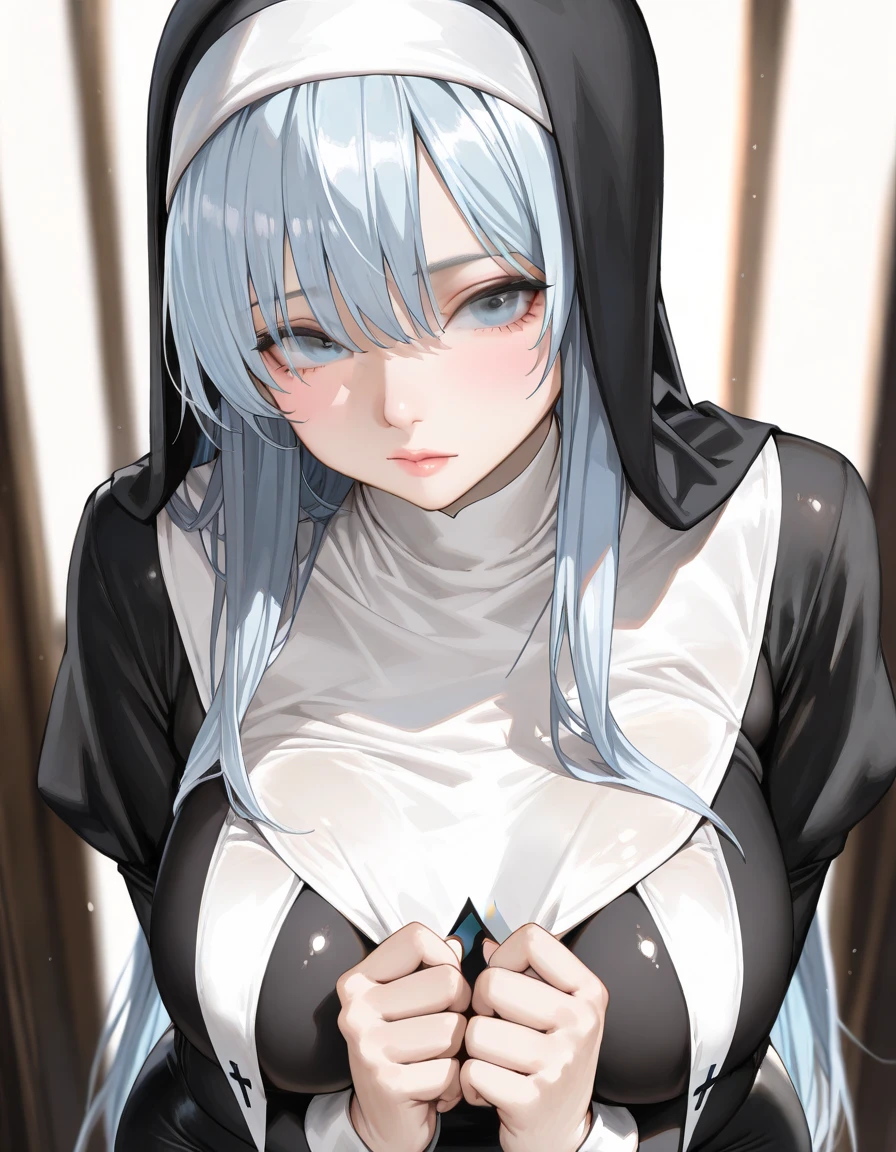 Mature Woman,(((Succubus disguised as a nun))),(((A veil covering the mouth,Sexy Costumes))),(Detailed Description, High resolution,8k wallpaper,masterpiece,Highest quality,Depth of region,Anatomically accurate depiction,A face with attention to detail, Eye for detail,Nice hands, Perfect Fingers,eyelash,(pupil,Seductive Gaze,There is cleavage in the chest,A seductive smile,Large Breasts,Mysterious colored lips),(From above:1.1),Perfect body,Depict the whole body