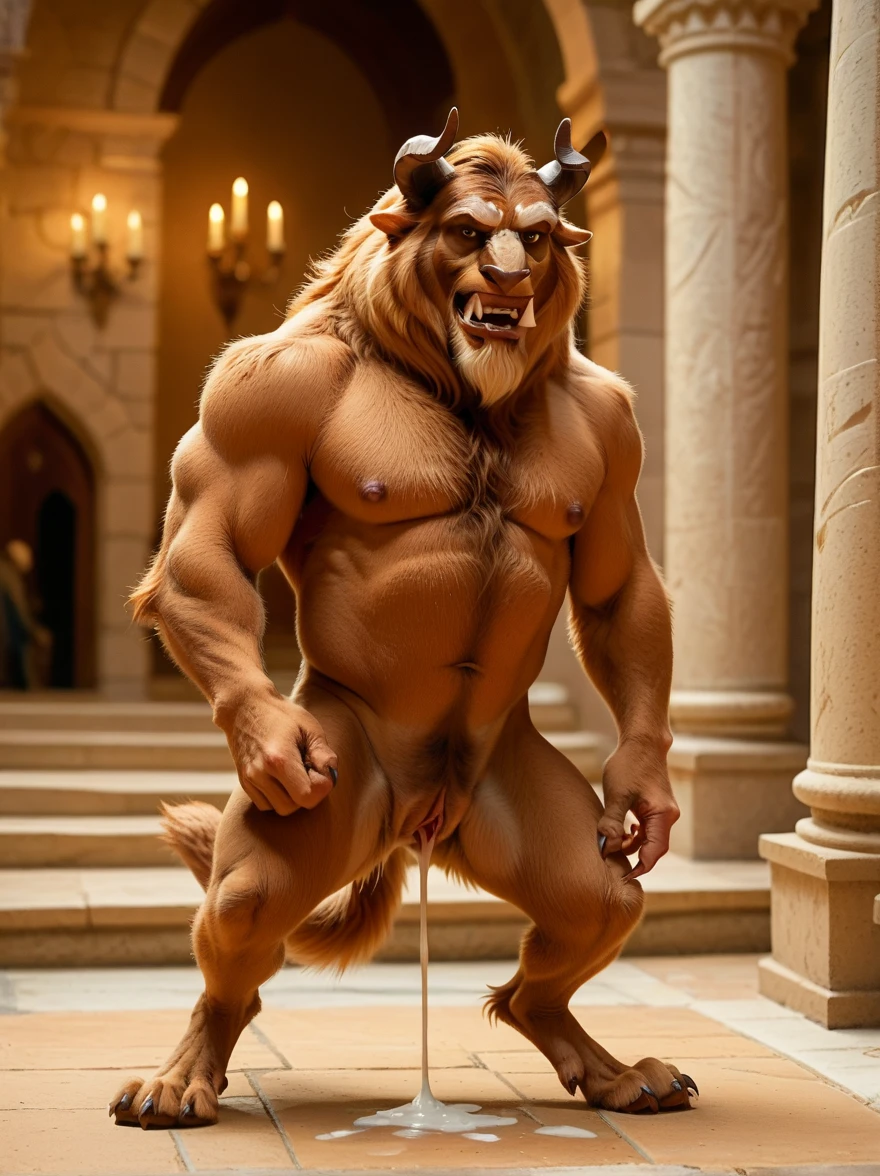 male, beast (disney), solo, happy trail, muscular, horn, 8k HD, hdr, masterpiece, realistic, masterpiece, highest quality, unreal engine, trending on ArtStation, Intricate, Ultra High Detail, dramatic, realism, realistic, erection, thick cock, Ultra detailed eyes, Ultra detailed body, Ultra detailed face, Ultra detailed cock, Ultra detailed balls, knot, sitting, bright room, bed, looking_at_viewer, suggestive pose, expressive, masculine, devilish smirk)