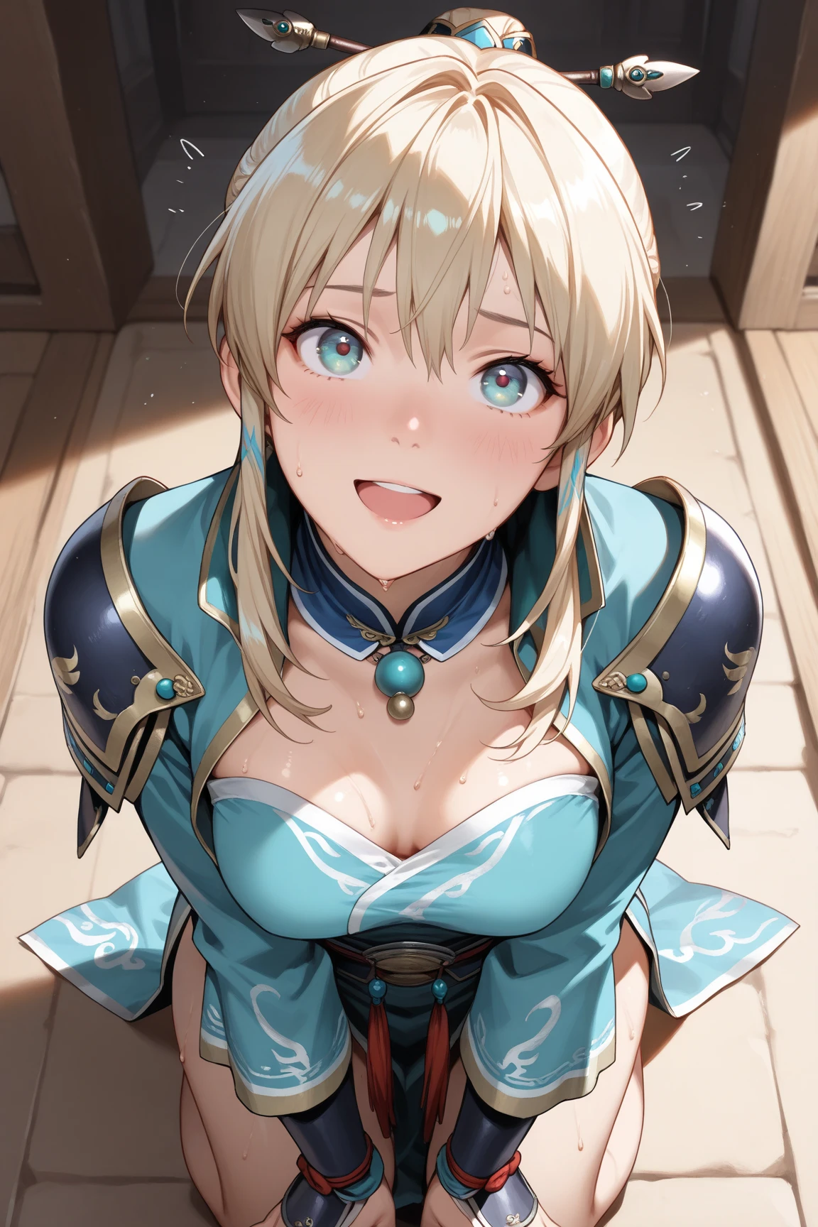 cleavage、tits、smile、hands up, elbows on table, face palm、breasts close up, blonde ((((((hair over one eye)))))), Braid Styles, spiked hair, blunt bangs, bob hair, a braid, Ahoge red eyes, white bikini armor