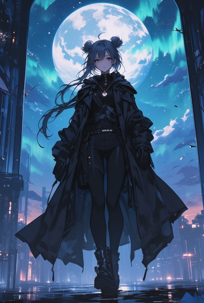 (masterpiece, 8k wallpaper，Highest quality: 1.2)、Highest quality、Best image quality、masterpiece、blackrockshooter、ruins、Blue Flame、Staring into the distance、Black sword、Burning black long coat、Sitting on rubble、The End、Total solar eclipse、
