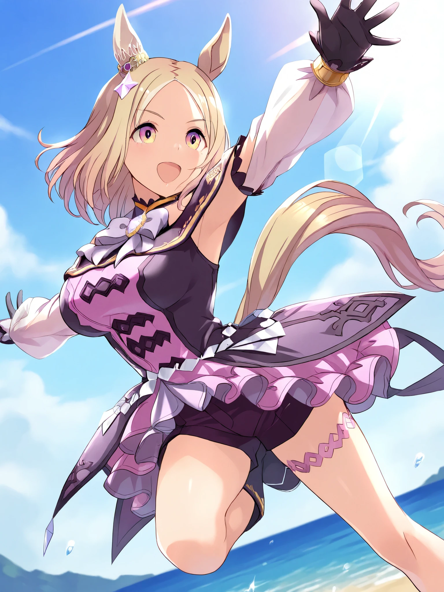 sleeveless at the beach,armpits,masterpiece, Highest Quality,NARITA TOP ROAD \(Uma Musume\), 1 girl, raising arms, horse ears, gloves,  black shorts, black gloves,   medium hair, Star Hair Ornament, purple high heel boots, purple dress, sleeveless at the beachドレス, puff sleeve, Sheer Sheer Sleeves, detachable sleeves, purple shorts, purple shorts, thigh strap, frills, brooch, shorts under the dress, SHOULDER CUT, open your mouth,big smile,motion blur, lens flare,Outdoors,Dynamic Poses, Dynamic angle