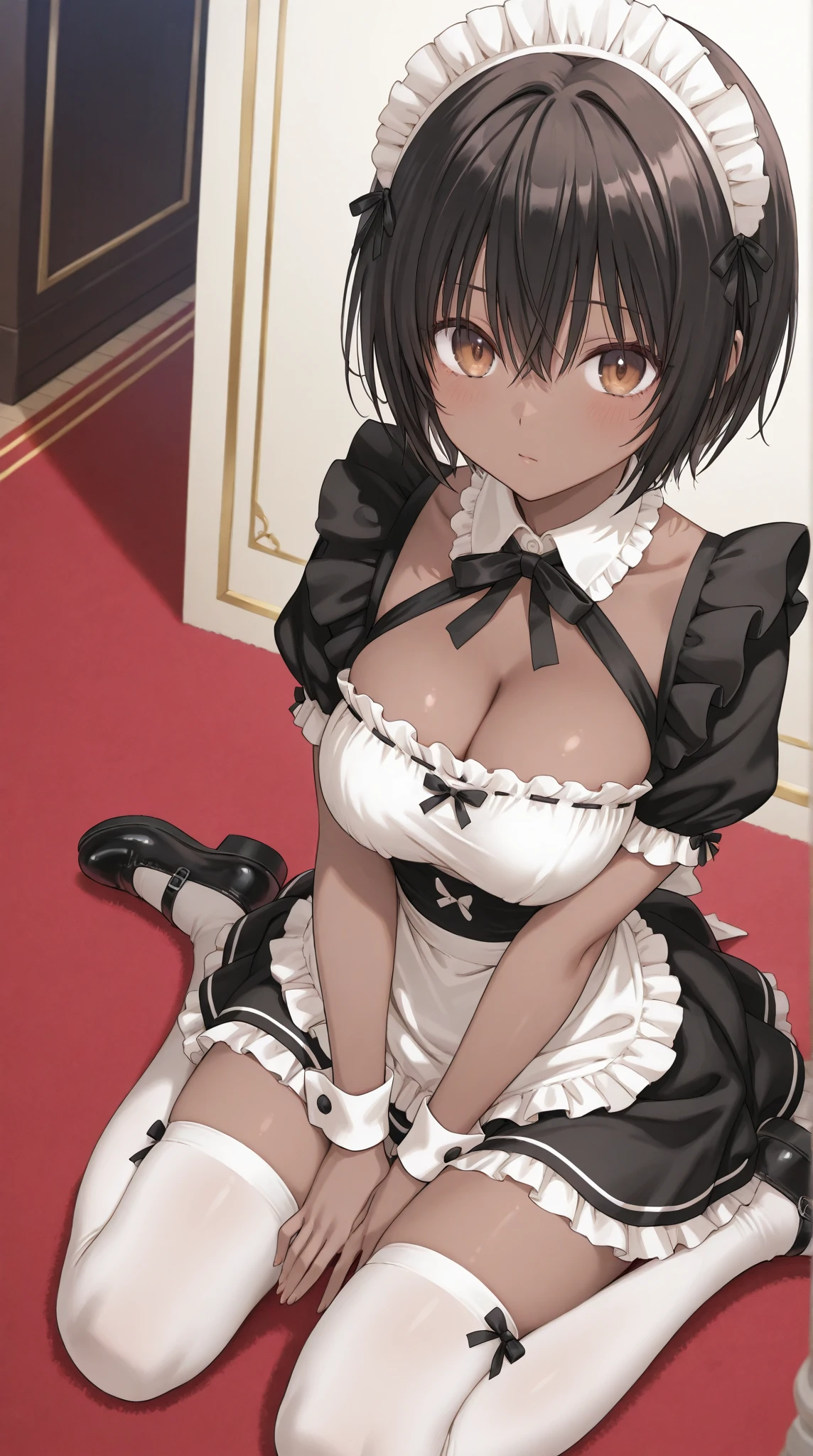 ((masterpiece)), ((best quality)), (ultra-detailed), ((sexy)), (ero), illustration, fullbody, a cute girl, 1girl, solo, ((beautiful eyes)), ((silk:1.3)), ,shiny clothes,shiny-glistening skin, gleaming skin, reflection effect, shiny, latex, {large breasts},,, black hair, very short hair, (15 years old),{{Dark-skinned female}},{{sunburn}}, ((black skin)), ((dark skin)),(tan),(),{black eyes},night, {{wearing sexy maid dress}}, ((french maid costume)), french maid outfit,maid headdress