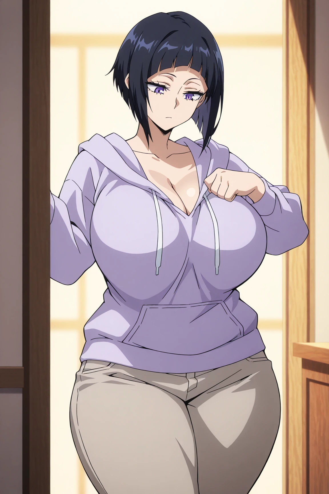 1girl, solo, long hair, large breasts, cleavage, brown eyes, ponytail, purple hair, brown skirt, , window, mature female, pink sweater, embarrassed, (masterpiece: 1.0), (best_quality: 1.0),