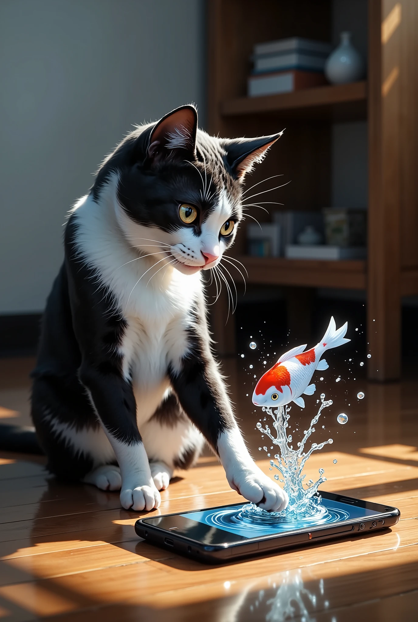 A smartphone is on the floor. A black-and-white cat is peering into the screen. On the screen of the smartphone is a video of a fish swimming in a river. (The fish jumps out of the screen with many splashes), (The cat sees this and extends one paw to the fish), outstretched arm, (The cat touches the fish), masterpiece, accurate, top quality, high resolution model, high detail, beautiful detail, high resolution, 32K, realistic Rendering, Ultra Realistic Detail, (Anatomically correct), Stylistically diverse, digital illustration, dynamic shot, high quality, gives depth and openness to scene, depth of field, background blur, energetic composition, cinematic light hkstyle, hkstyle, 