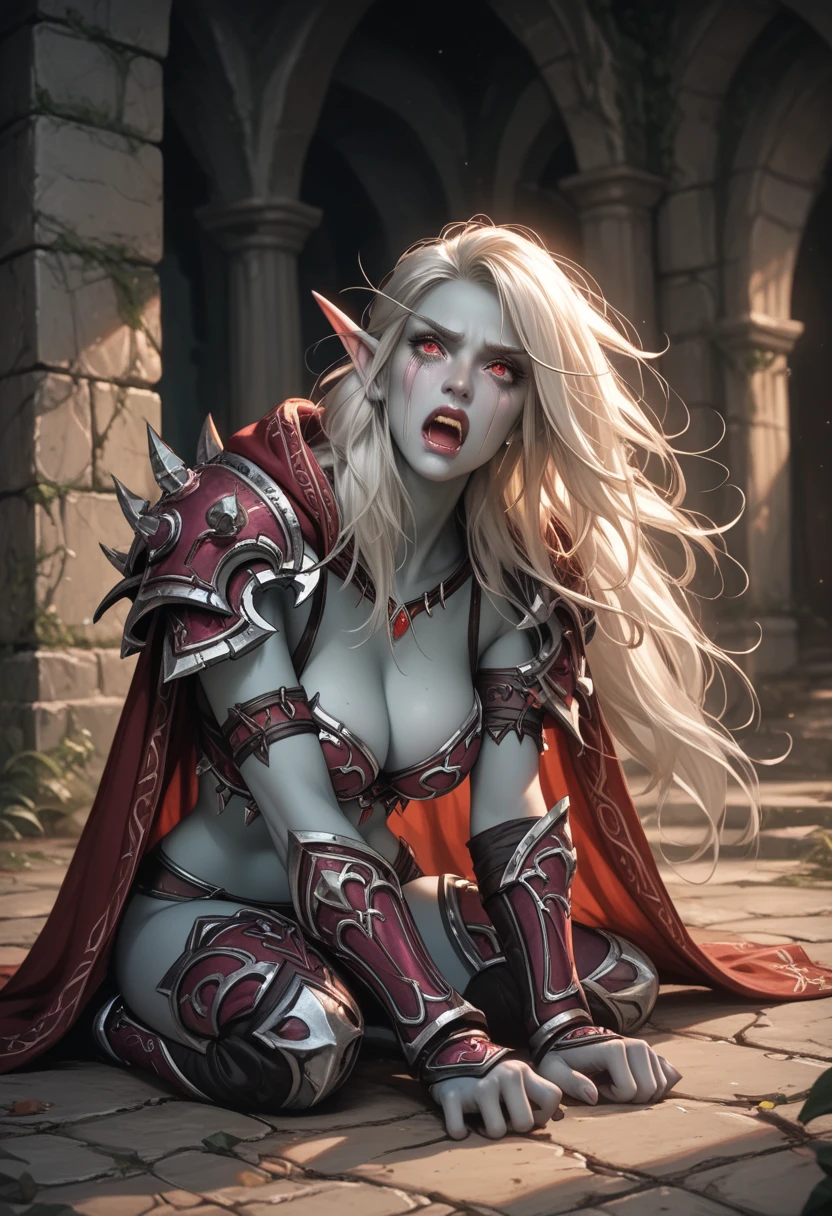 (highres,photorealistic),(powerful,red-haired),(detailed face and expression),(half elf),(demon morph),(mileena mortal kombat),(dark attire),(dark, mysterious background),(intense lighting),(magic),(blood),(bloody teeth)