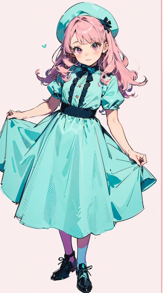 1girl- pink curly long hair, pink eyes, knee length dress, pop singer, bright colors, masterpiece
,cute aesthetic style, cute style, aesthetic, soft colors, pastel colors, kawaii style, kawaii pastel, cute forms, kawaii accessories, big eyes, cute eyes, retro style, colored lineart, colored outline, citypop, detailed clothes,zumizumi1254, wide shot, cowboy shot, full body,