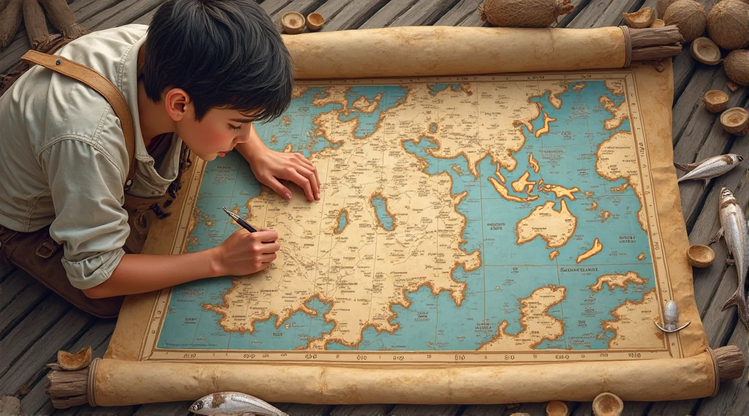 Description: A boy of about 12 years old discovers an old treasure map in a dusty attic. The boy has a shocked expression on his face. The map is displayed and shows an island with markings "X" and fantastic creatures