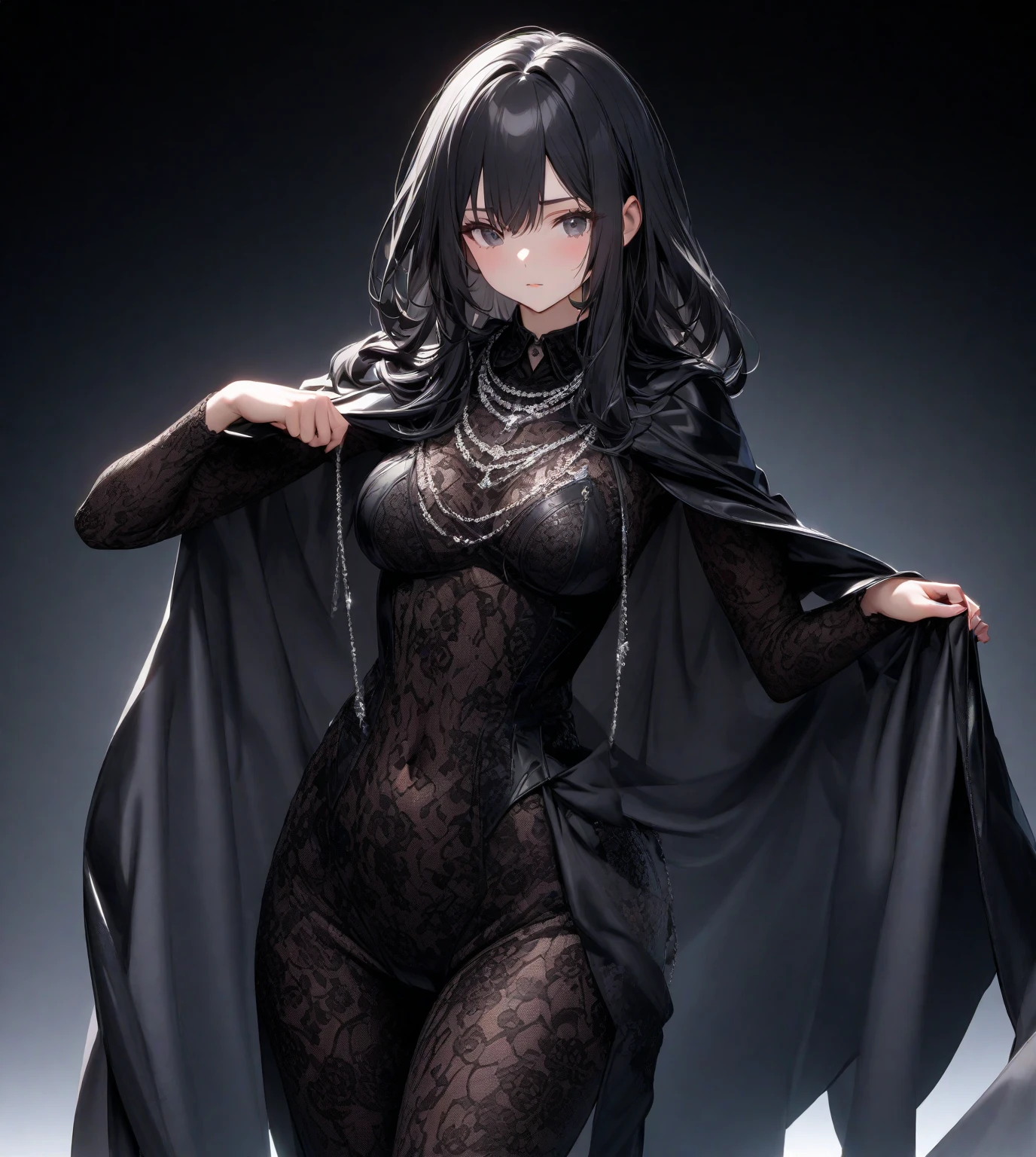 an adult woman, 33 years old, black, eyes black, flat hair, shorth hair, complete body, wearing heels, black gown