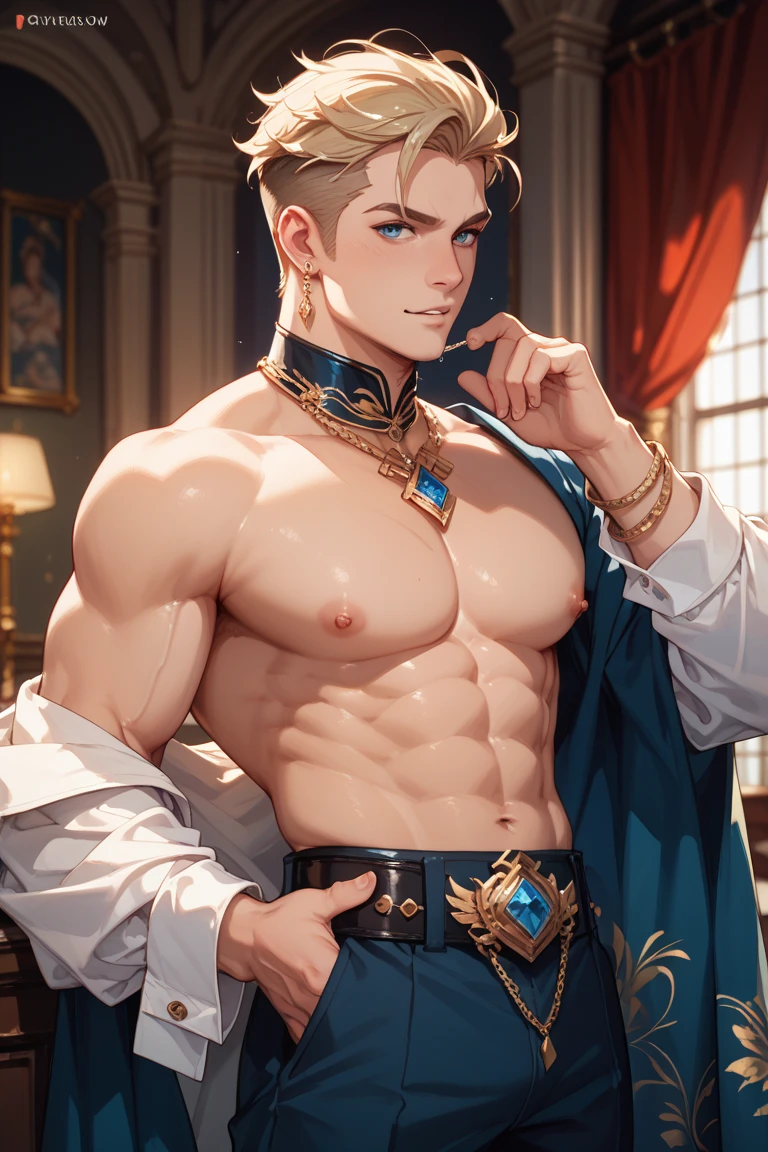 prince charming shirtless but wearing a royal coat with frills on his shoulder pads with no pants on but wearing a small thick red mesh jockstrap with VPL with hairy legs and hairy chest with detailed face with clean lines leaning bent over with big massive rear end backside in a royal castle background