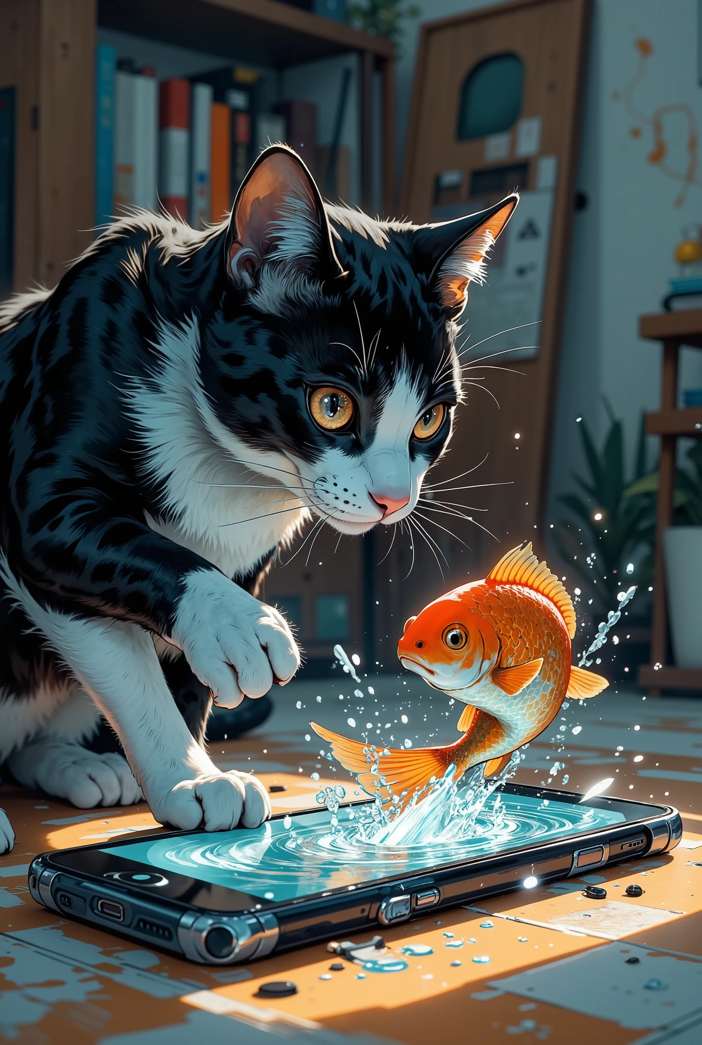A smartphone is on the floor. A black-and-white cat is peering into the screen. On the screen of the smartphone is a video of a fish swimming in a river. (The fish jumps out of the screen with many splashes), (The cat sees this and extends one paw to the fish), outstretched arm, (The cat touches the fish), masterpiece, accurate, top quality, high resolution model, high detail, beautiful detail, high resolution, 32K, realistic Rendering, Ultra Realistic Detail, (Anatomically correct), Stylistically diverse, digital illustration, dynamic shot, high quality, gives depth and openness to scene, depth of field, background blur, energetic composition, cinematic light hkstyle, hkstyle, auralora, close up shot : 1.4, splash of water, The background is the house, 