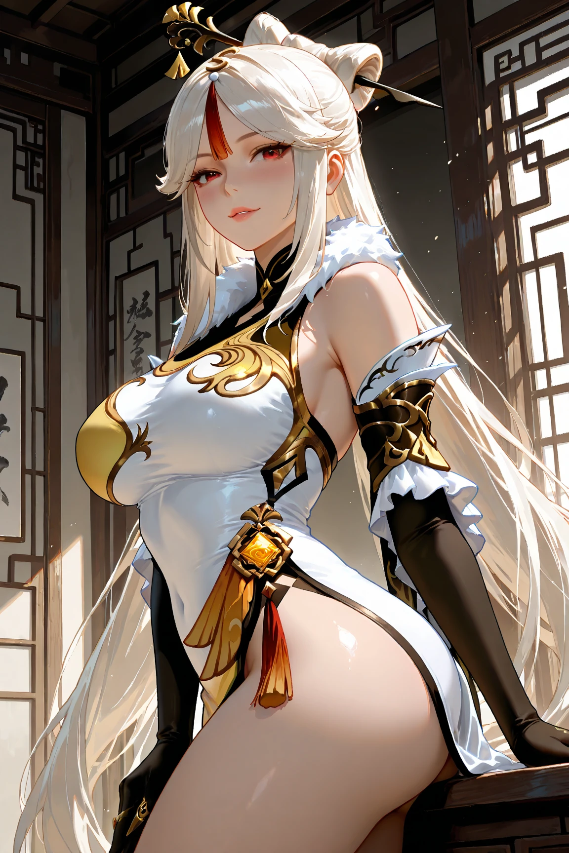 Japanese female photos,20ade white and silver clear glass and plastic, geisha makeup, black hairstyle, Silver and gold metallic interior, dynamic poses, flowing organic structure, Meticulous carving, Lace design, Glowing golden circuit, 七彩neon decoration, Meticulous carving, Lace design, light emitting circuit, neon decoration, H'artistically.r. jiger, Greg Rutowski
