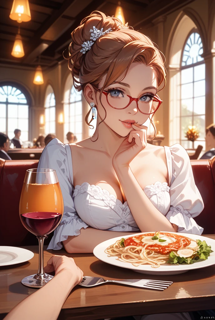 20 years old woman, Short brown hair, Mediterranean with blue eyes, Generous and heavy breasts, slender waist, definition of l'estomac, fesses rebondies et pulpeuses, naturally curved, muscular thighs, aguicheuse , blue eye, lunettes, assise dans un restaurant, red mini Skirt, off shoulder top, at night