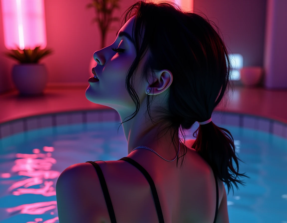 8k Beautiful Naked Asian woman with big , in the water, with a neon color behind