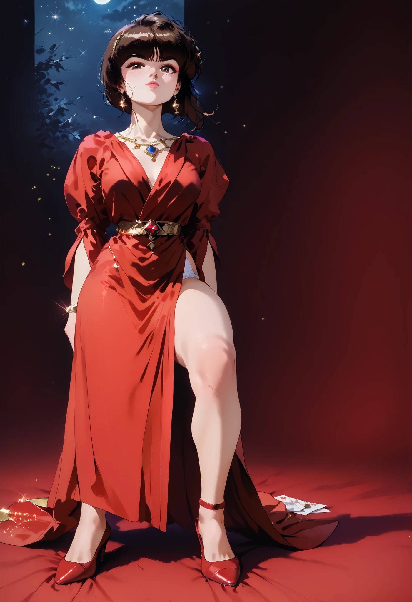 (( masterpiece)), envelopes, ultra Detailed , looking at the spectator, intricate details , rich colors, sharp focus , Volumetric lighting , dramatic atmosphere , nabiki having, brown eyes, nabiki, looking at the spectator, 8K, 4k, particles of light , , detailed eyes, bedroom background , Alone , cut bob, red dress, pelvic curtain dress, heels, Tendou Nabiki, red heels, neckline, seductive pose , white panties, night time, Alone , (show legs), ((wide hips)), ((piernas anchas), piernas perfectas,, (((full body))), ((cabello cafe)),