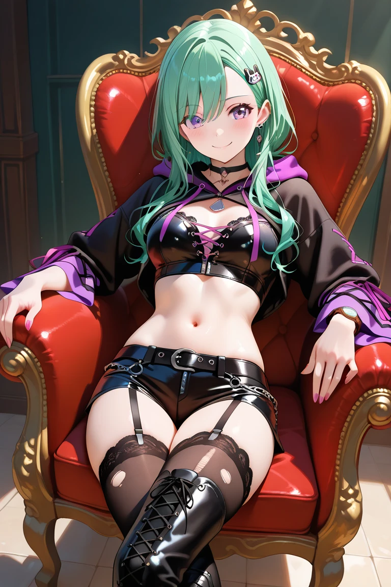 ,High heel,stringy viscous liquid,underwear,succubus,Green Hair,sitting,open legs,Camel toe,shy