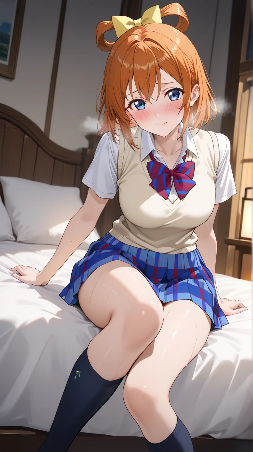 masterpiece, best quality, ultra detailed, 1girl 1man, 1man and 1girl having sex, on back, on bed, vaginal, , maid, bare breast, red hair, short hair, bob, purple eyes, embarrassed, blush, arms up, open legs widely, cum in pussy
