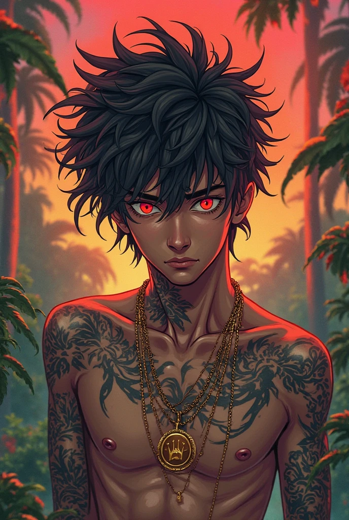 A shaman with tattoos holds a red fly agaric in his hands. night, moon , shaman's drum with runes