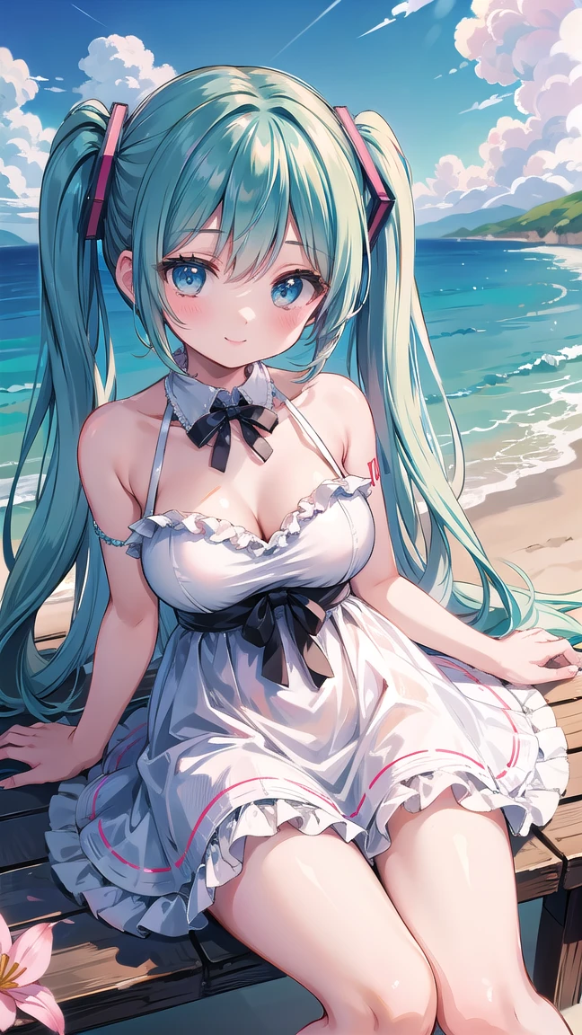 (1 girl),(high quality), (High resolution), (extremely detailed), (8K),(focus on lower body),(CG)、goddess of the sea、goddess outfit、transparent costume、blue dress、Magic Mentor、sexy panties、(black knee high stockings:1.2)、nipple shape、No shoes、neutral white lighting,sexy pose、showing panties、Hatsune Miku、Sitting with your back to you、fantasy world