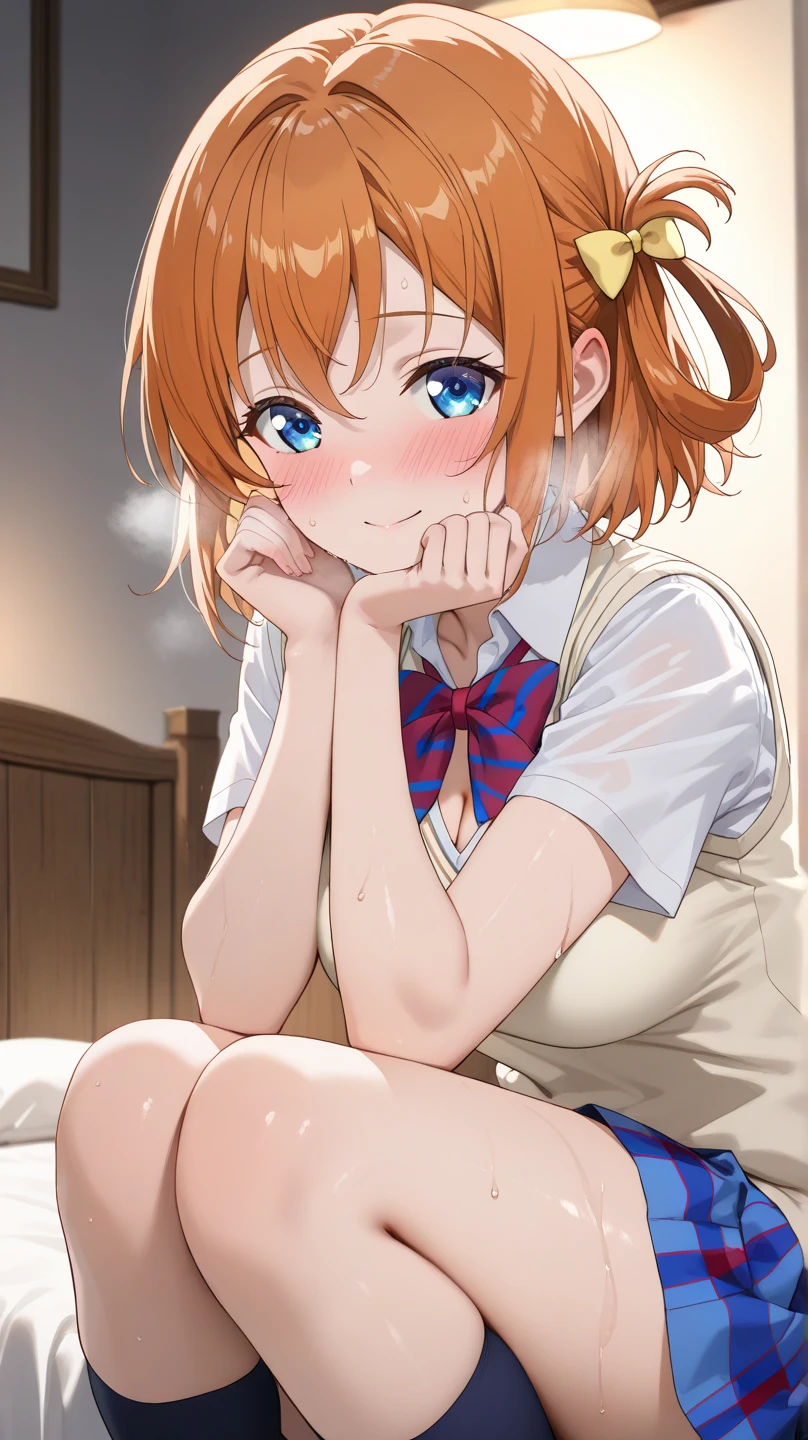 score_9, score_8_up, score_7_up, rating_explicit, masterpiece, best quality,high quality,highres,very aesthetic, absurdres, high detailed,optimal lightning,4k,8k wallpaper, source_anime, uncensored,official art, official style, megami magazine,BREAK,1girl,risingstar xy,hairband,orange hair,neckerchief,shirt,parted bangs,unamused,confused,disappointed,embarrassed,looking away,sexual ecstasy,((((motion lines)))),in heart,(((steam))),(sweat) ,(((steam,sweat))),too many heart mark,cowgirl position,girl on top,from above,