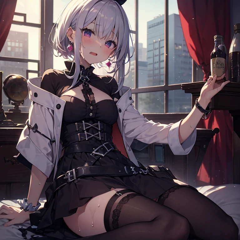 table top, highest quality,sleeping face up in bed,Crab crotch,please show me your boots,thigh high boots,glove,Strange thieves,elegant, 1 girl, muscular,cute, blushed, looking at the viewer, from below,body suit, prison,blue eyes, beautiful eyes, beautiful background, particles of light, Light of the sun, dramatic lighting, outside, shiny, realistic, table top, highest quality, super detailed, be familiar with, scenery, beautiful and fine eyes, fine hair