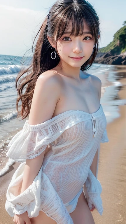 Tabletop、(Highest quality、4K、8K、High resolution、Masterpiece: 1.2)、Super detailed、(Real、Photorealistic、Photorealistic: 1.37)、Full Body Shot、Complex and beautiful eyes、woman、long hair、Natural color lip、whiteTshirt、Bold and sexy pose、smile、Ocean、20 year old girl、A cute and sexy shot looking straight at the camera。