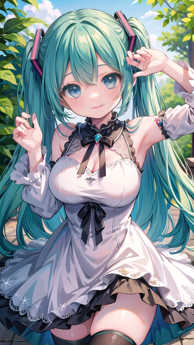 (Highest quality:1.24, Very detailed, Delicate and beautiful CG art, Detailed illustrations, Attention to detail, masterpiece:1.2, Highest quality, Best aesthetics), (((1 girl))), JK, ((Body net:1.2, Frills, Sexy maid)), Open your mouth:1.2, (Aqua Hair, High-positioned twin tails, Bust Shot:1.1, Front view, Random Pause, Friendly atmosphere, Shiny Hair, Beautiful Skin, Detailed face and eyes, Glossy Lips, Curvy Women, Slender body, Beautiful breasts:1.4, Cafe, Leaning against a wall, Light and shadow with attention to detail, Background Blur.