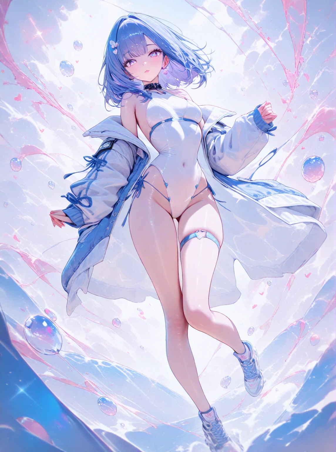 ((masterpiece, best quality)), Delicate face，Magician，Witch Hat，Standing picture，whole body，Perfect body proportions，Long legs，Handsome short hair，Nice pink eyes，Fantasy style，White background，Extremely beautiful，transparent，Pure white armor，Sexy bikini，cloud，Water Ripples，chain，Tattoo，Lace，exposed