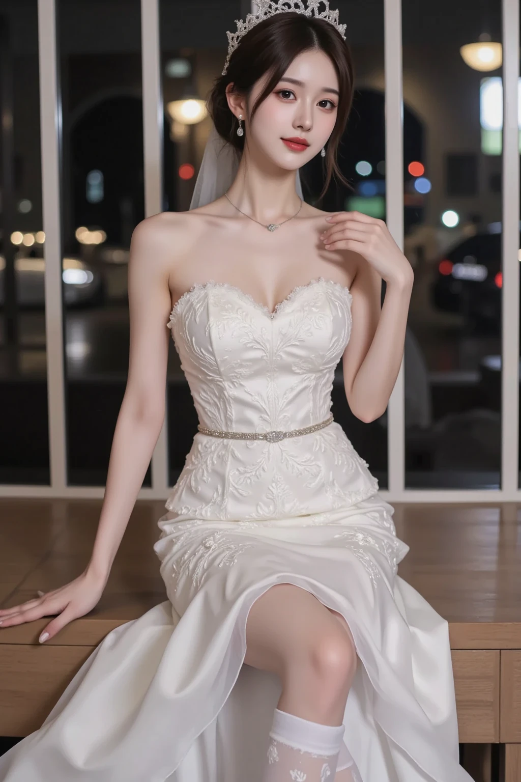((top quality、8k、Masterpiece:1.3))、Extremely delicate and beautiful girl,full-body shot,huge breasts,bigger breasts,amazing breast size,H cup,Gorgeous strapless gown。Wear big earrings,Very white skin,moist red lips,Waist is very thin,Thighs are very thin,Big hips,Reveal a little,White and smooth skin,Smooth and fair skin,flawless skin,Fair and shiny skin,cold white skin,The camera focuses on the chest,bright light