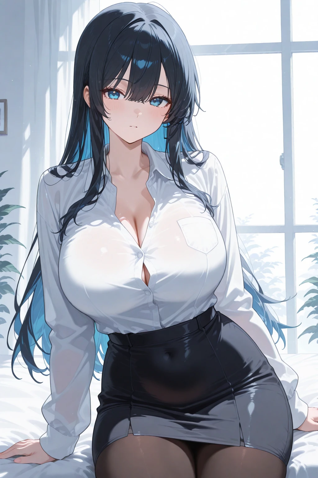 ((masterpiece、high quality、High resolution、4K, 8K, Blue archive official art)),detailed person、detailed face、detailed eyes、fine eyes、 , revealing clothes, (One white cut shirt:1.5), big breasts、beautiful thighs、big breastsの谷間、Chest overflowing from the shirt、button comes off、mature pretty woman、transparent eyes、heavy makeup、sexy、(slender body and limbs,), angle from above、((on the bed))、(open your mouth and stick out your tongue), ((clear eyes、double eyelid、red eyes、long black hair、big breasts))、((character Tsukatsuki Rio - Blue Archive))、crawl on all fours、pov 、((Composition looking up from below))、ぶら下がるbig breastsがシャツから見える