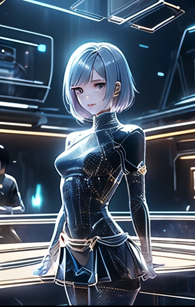 (((SFW、Highest quality、 first class masterpiece 、normal body 、32k、detailed face、super precise、normal hand、5 fingers、Highest)))、Beautiful Girls、 Silver Hair、magical girl、beautiful breasts、Slender、 slim、 can be used、A gentle smile、movie theater、The Big Picture、The girl who comes out of the movie screen、3D stereoscopic image、hologram、holography、translucent