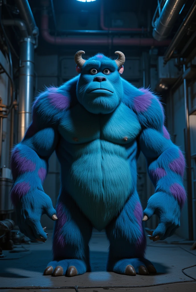 Generate me a profile picture, that is from James P. Sullivan from Monster Inc in a prison.