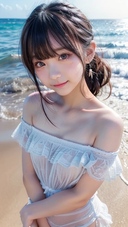 score_9,score_8_superior,score_7_superior,8K, High resolution, 5 years old、beautiful girl, bright black hair, Thin Hair, Small face, cute、Highest quality,Japanese face、small mole on the corner of the eye,((Puffy eyes))、(superior目づかい)、Short Bob、Look at the opponent、Beach、口角superiorがる、Beautiful legs、Flower Hair Ornaments、sexy、Sensual、Blushing、Masturbation