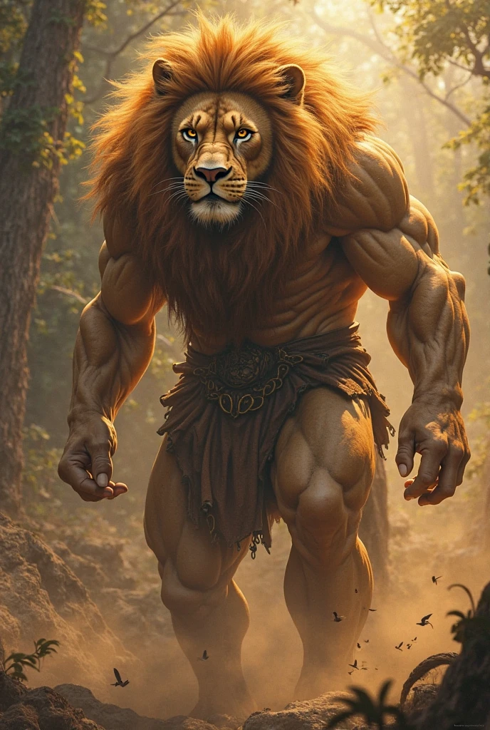 ultra-detailed, masterpiece, masterwork, high quality, best quality, hdr, (nature), nsfw, male, solo, lion, ((nude)), (little body minotaur), (long hair, yellow eyes), squatting, dynamic angle, (foreskin, perfect balls), public hair